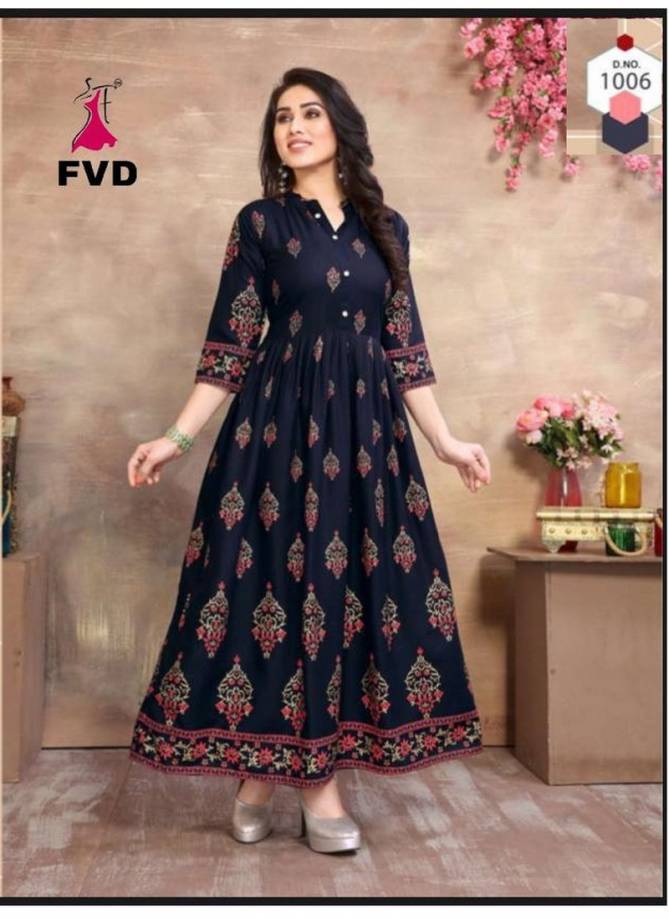 FVD Golden City Latest Casual Wear Reyon 14 kg With Foil Print Long Gown Collection 